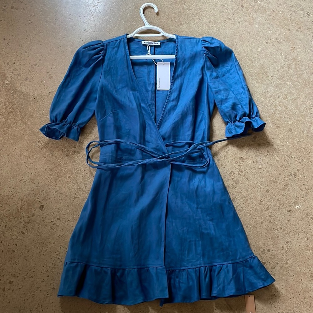Reformation Blue Carmelo Linen Wrap Mini Puff Sleeve Dress